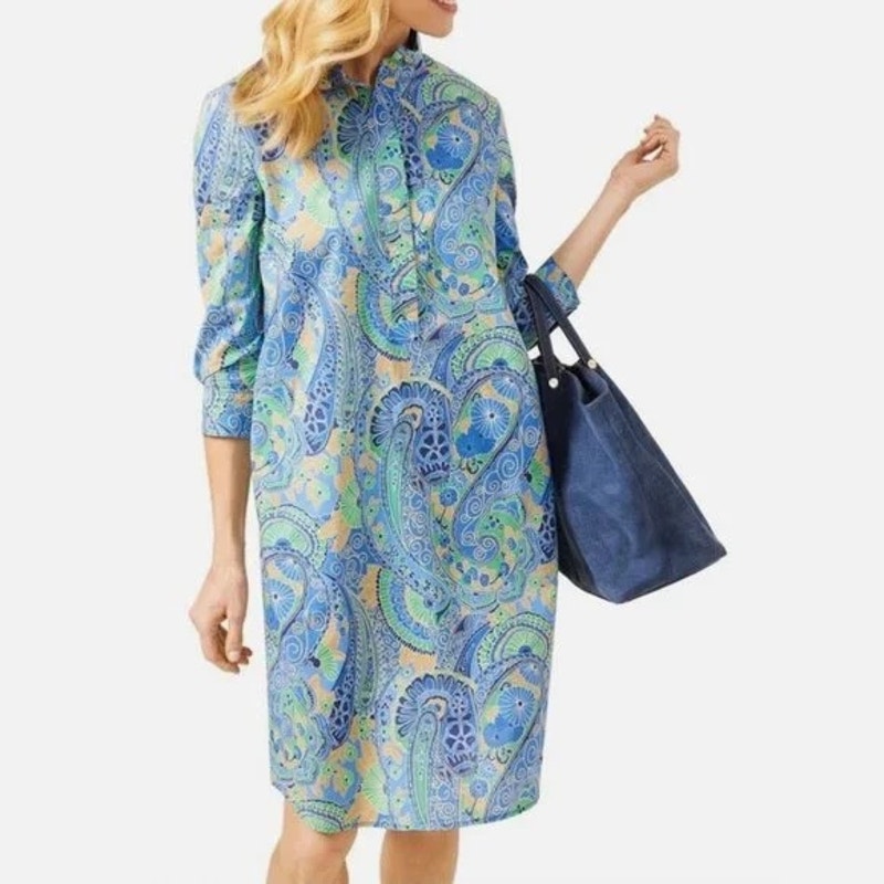 J.Mclaughlin Berlin Midi Dress Shirt Blue Green Paisley Cotton Pop Over Shift S